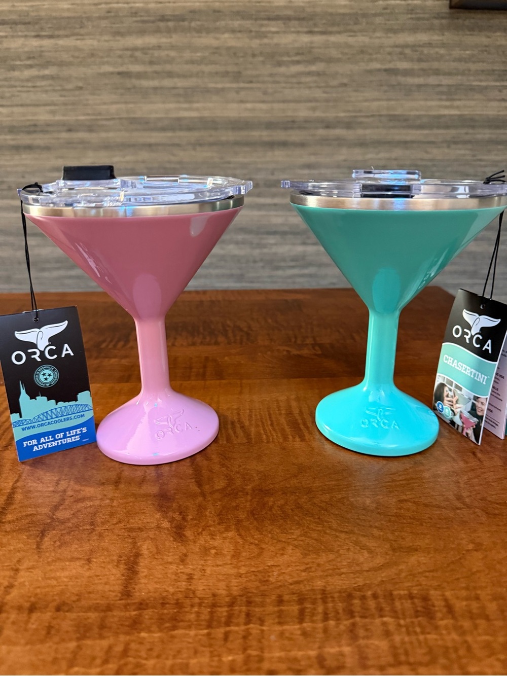 NWT ORCA Chasertini 8 oz Martini Glasses Set of 2 pink and teal blue green